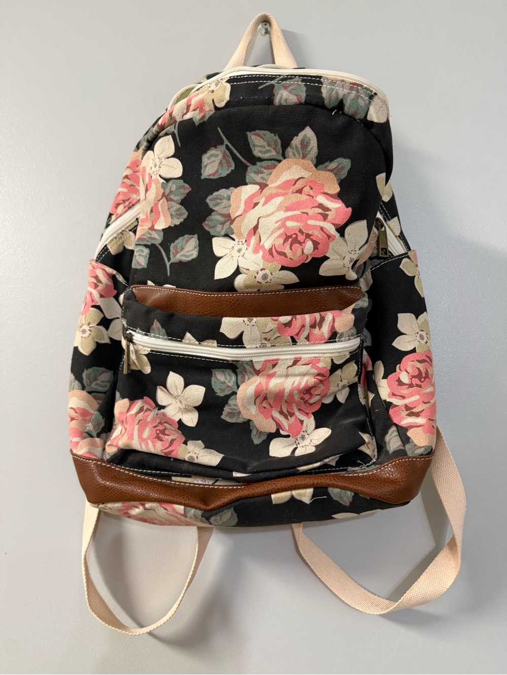 Black Floral Canvas Backpack with Pink Rose Pattern